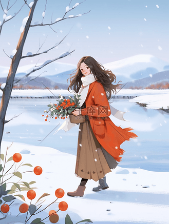 女孩雪地散步手绘冬天插画