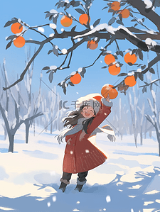 冬天的柿子插画图片_手绘冬天雪地柿子女孩插画