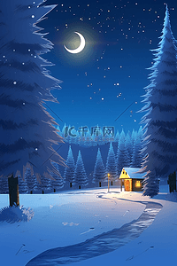 夜晚雪地松树冬天小木屋手绘插画