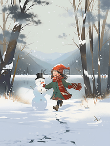 冬天女孩雪人海报玩耍手绘插画