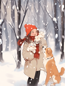 宠物背景狗插画图片_冬天雪地树林手绘插画女孩