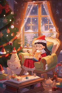 圣诞节可爱女孩手绘屋里看书卡通插画
