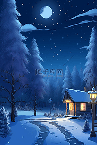 夜晚雪地松树小木屋手绘插画冬天