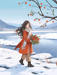 女孩冬天雪地散步手绘插画