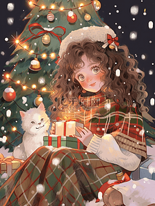 小猫元素插画图片_圣诞节手绘可爱女孩礼物圣诞树元素