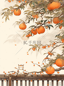 高清工笔画插画图片_新年冬季小猫国风插画柿子树