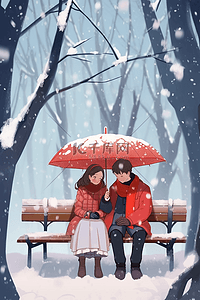 冬天下雪的天空手绘情侣插画