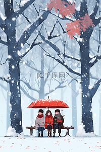 拿伞情侣插画图片_冬天情侣下雪的天空手绘插画