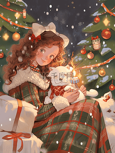 小猫元素插画图片_圣诞节可爱女孩礼物手绘圣诞树元素