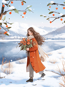 冬天手绘插画女孩雪地散步