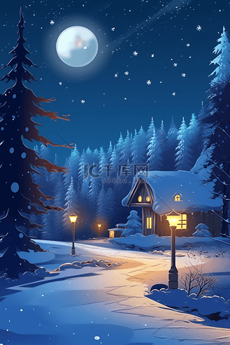 夜晚雪地松树小木屋冬天手绘插画
