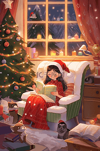 圣诞节可爱女孩卡通屋里看书手绘插画