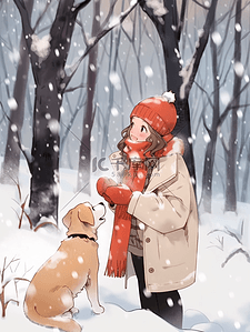 冬天手绘雪地插画树林女孩