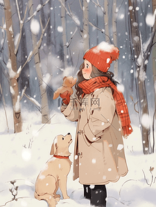宠物背景狗插画图片_树林女孩冬天雪地手绘插画