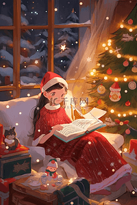 屋里的装饰插画图片_可爱女孩屋里看书圣诞节卡通手绘插画