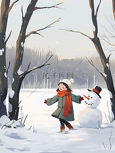 冬天女孩雪人玩耍手绘海报插画