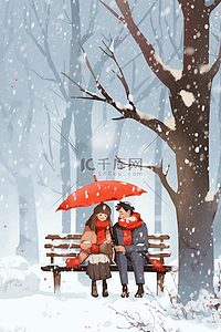 长椅情侣插画图片_插画冬天手绘下雪的天空情侣