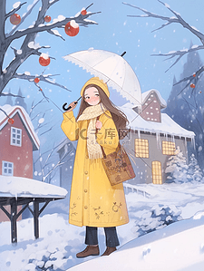 黑色的雨伞插画图片_冬天海报女孩手绘雨伞插画