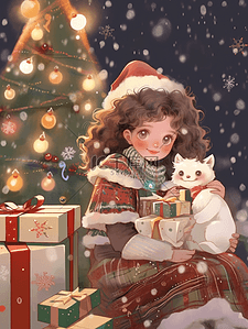 礼物元素插画图片_可爱女孩礼物圣诞树手绘圣诞节元素