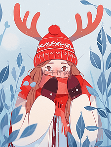 背景红色花纹插画图片_手绘圣诞节可爱女孩插画冬天