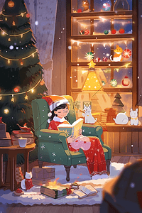 卡通圣诞节可爱女孩屋里看书手绘插画