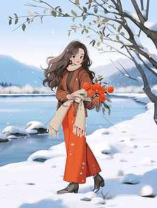 花，冬天插画图片_手绘冬天女孩雪地散步插画