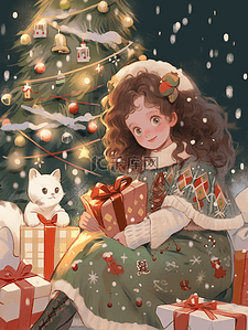 小猫元素插画图片_圣诞节可爱女孩手绘礼物圣诞树元素