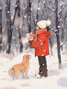 冬天雪地树林女孩插画手绘