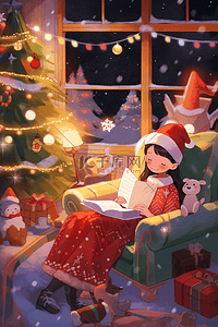 坐着看书的女孩插画图片_圣诞节屋里看书可爱女孩卡通手绘插画