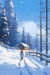 蓝色雪点插画图片_冬天女孩海报松树木屋手绘插画
