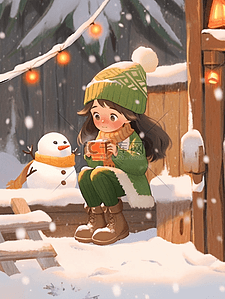 冬天圣诞节可爱女孩木屋雪人手绘插画