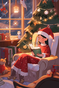 圣诞节卡通可爱女孩屋里看书插画手绘