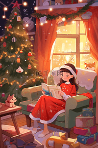 坐着看书的女孩插画图片_可爱女孩屋里看书卡通圣诞节手绘插画