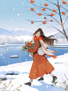阴影红色插画图片_女孩雪地散步冬天手绘插画
