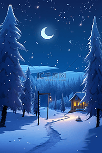 夜晚冬天雪地松树小木屋手绘插画