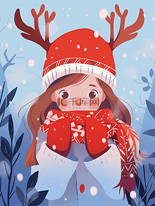 红丝绸布花纹插画图片_插画冬天圣诞节可爱女孩手绘