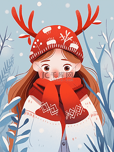 红丝绸布花纹插画图片_冬天圣诞节可爱女孩手绘插画