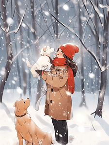宠物狗背景插画图片_插画冬天雪地手绘树林女孩
