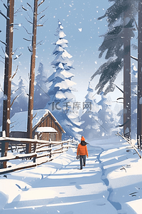 冬天的木屋插画图片_海报女孩冬天松树木屋手绘插画