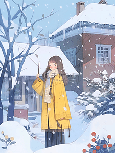 蓝色雪背景插画图片_冬天女孩海报雨伞手绘插画