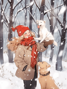 宠物背景狗插画图片_雪地树林女孩手绘插画冬天