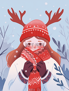 背景红色花纹插画图片_圣诞节可爱女孩冬天手绘插画