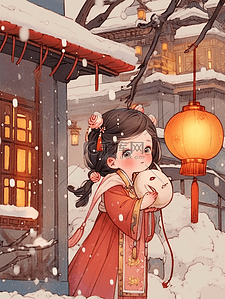 城墙海报插画图片_卡通女孩手绘冬季中国风插画