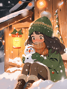 冬天手绘插画圣诞节可爱女孩雪人木屋