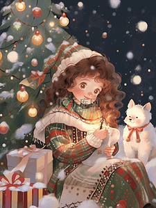 小猫元素插画图片_可爱女孩礼物圣诞树圣诞节手绘元素