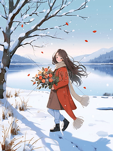 阴影红色插画图片_冬天手绘女孩雪地散步插画