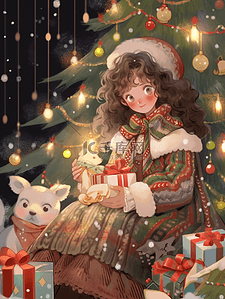 小猫元素插画图片_可爱女孩礼物圣诞节圣诞树手绘元素