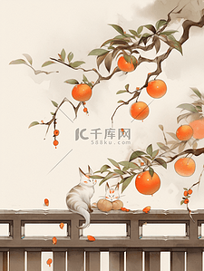 高清米色插画图片_新年插画冬季柿子树小猫国风