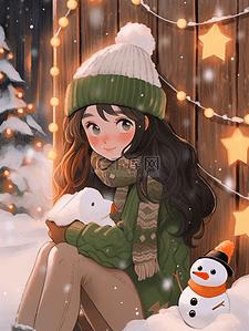 冬天枝插画图片_圣诞节可爱女孩雪人木屋手绘插画冬天