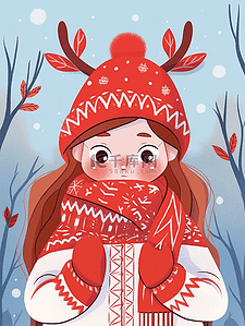 红丝绸布花纹插画图片_手绘插画冬天圣诞节可爱女孩